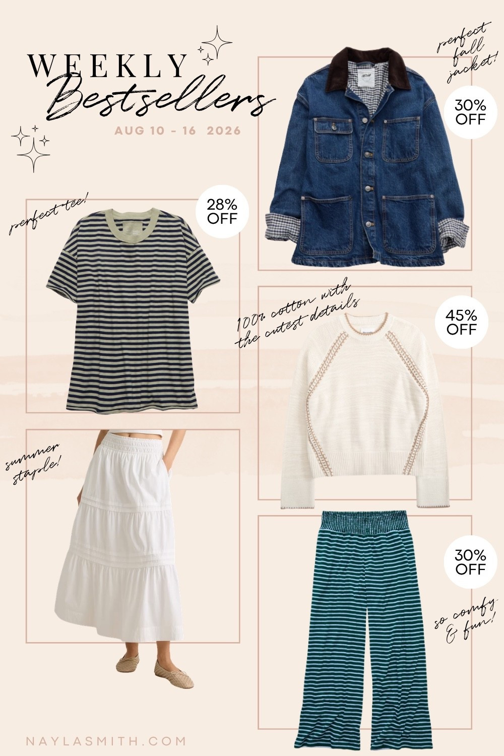 Weekly bestsellers! Oversized striped tee (I wear L), white maxi skirt, denim barn jacket for fall, neutral cotton sweater (I wear L), striped comfy pants (I wear L)

#LTKsale #LTKfall #LTKstyletip