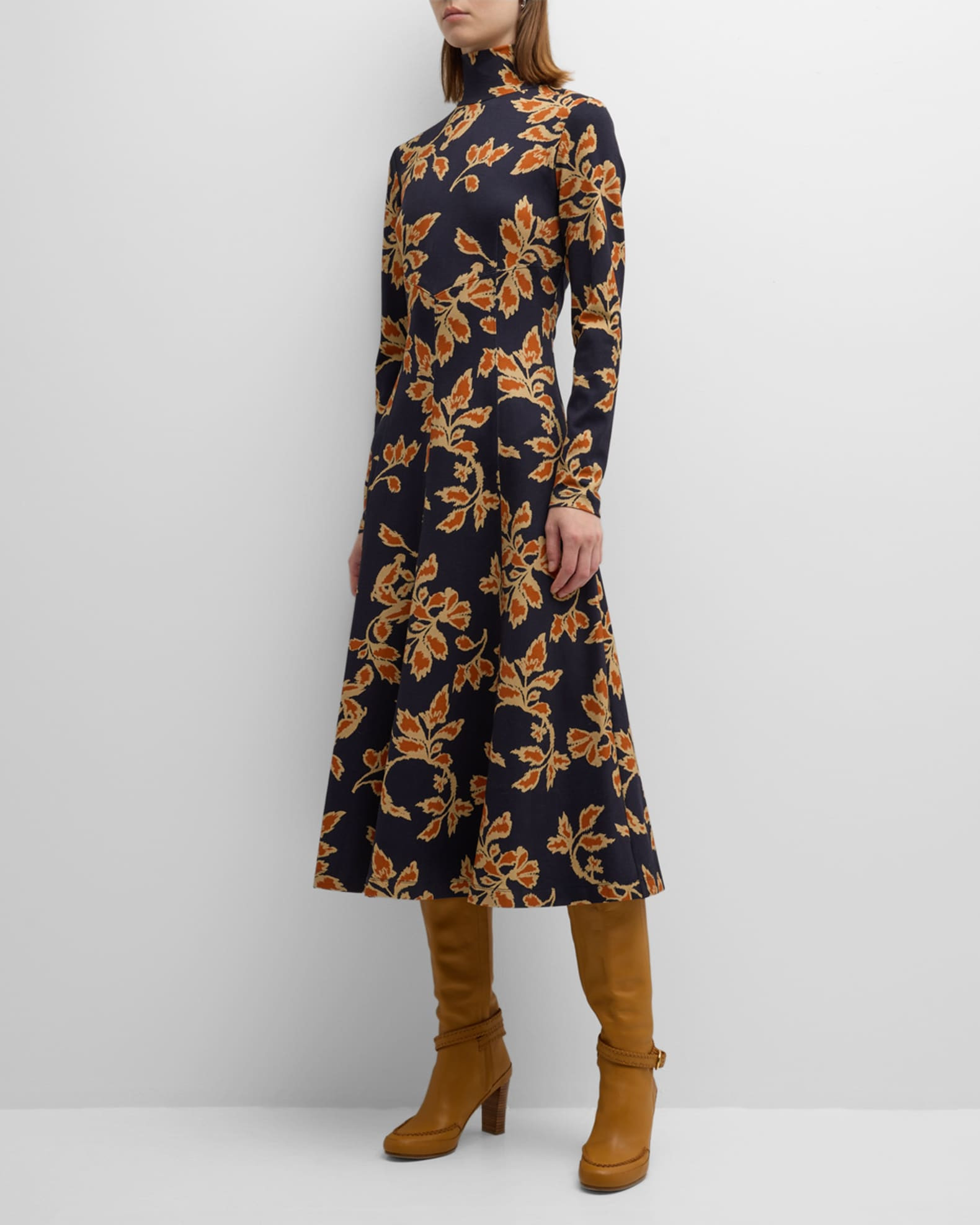 Thea Floral-Print Turtleneck  Midi Dress | Neiman Marcus