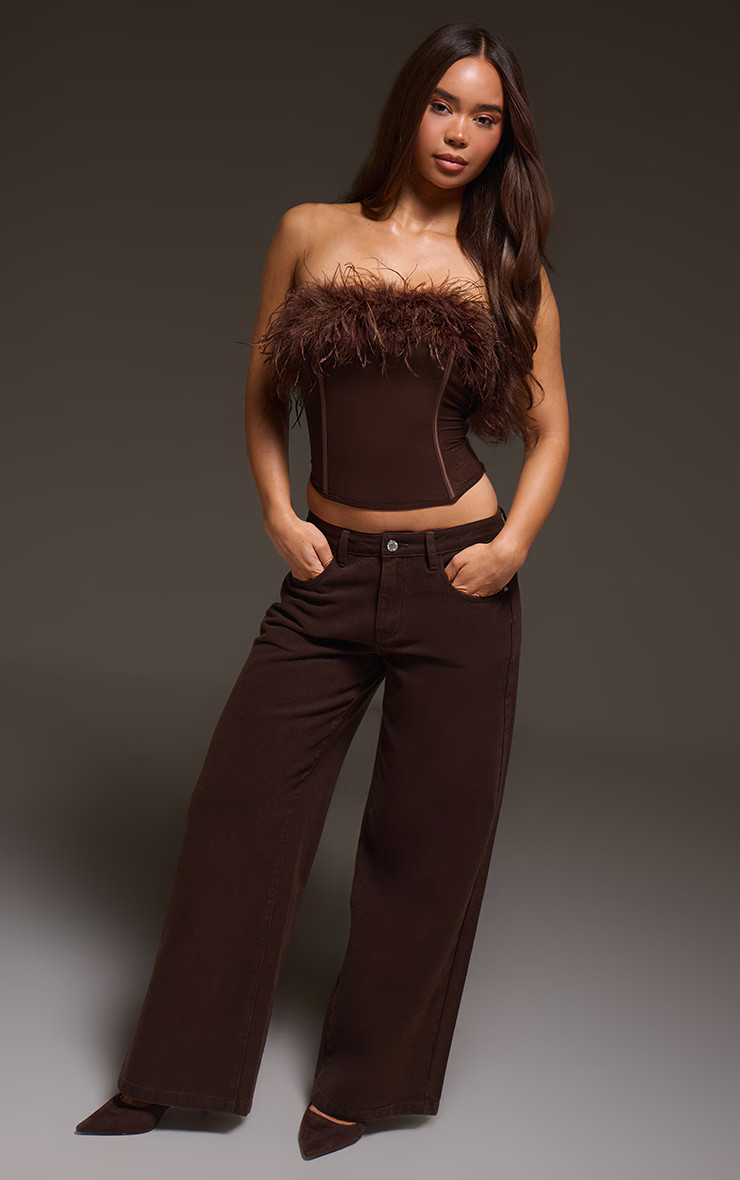 Dark Chocolate Feather Mesh Boned Corset | PrettyLittleThing UK