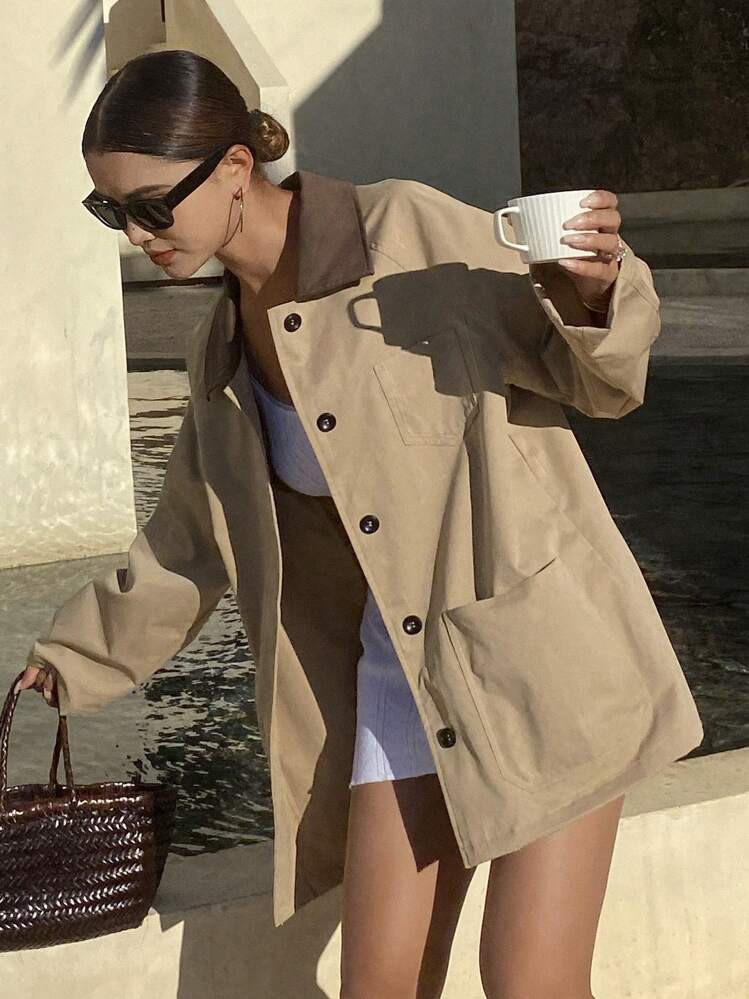 DAZY Loose-Fit Women's Color Block Regular Jacket,Fall Clothes Women Coats | SHEIN