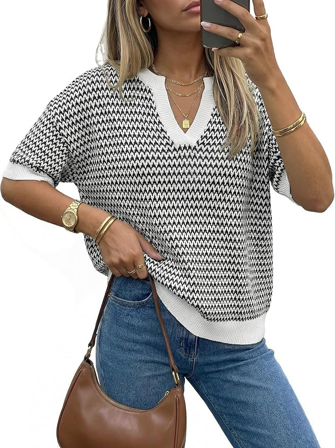 Arach&Cloz Women's 100% Cotton Polo V Neck Striped Short Sleeve Spring Casual Pullover Sweaters 2... | Amazon (US)