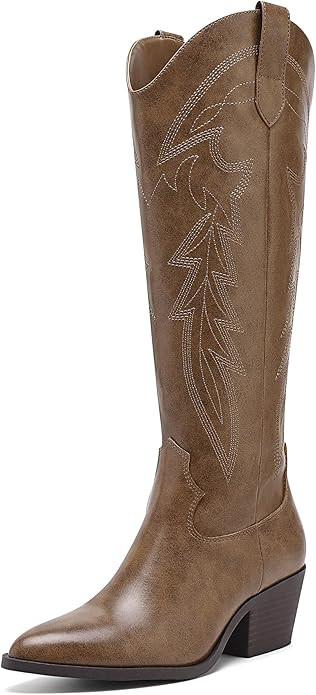 Womens Fashion Embroidery Zipper Knee High Pointed Toe Block Heel Cowgirl Western Boots | Amazon (US)
