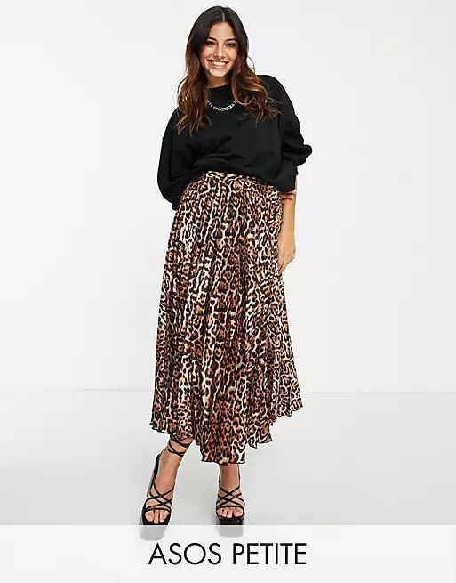 ASOS DESIGN Petite satin pleat midi skirt in leopard print | ASOS (Global)