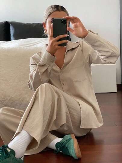 DAZY Set De 2 Piezas De Camisa Holgada De Unicolor Y Pantalones Anchos Tipo Maxi Para Mujer, Conjunto De Ropa Informal Para El Hogar | SHEIN