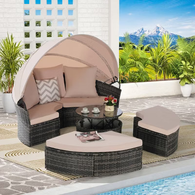 Outdoor Furniture Patio Round Daybed With Canopy, Chaise Lounges With Soft Cushions Beige, Chaise Lounges For Outdoor With Storable Table-Cuddlewood | Target