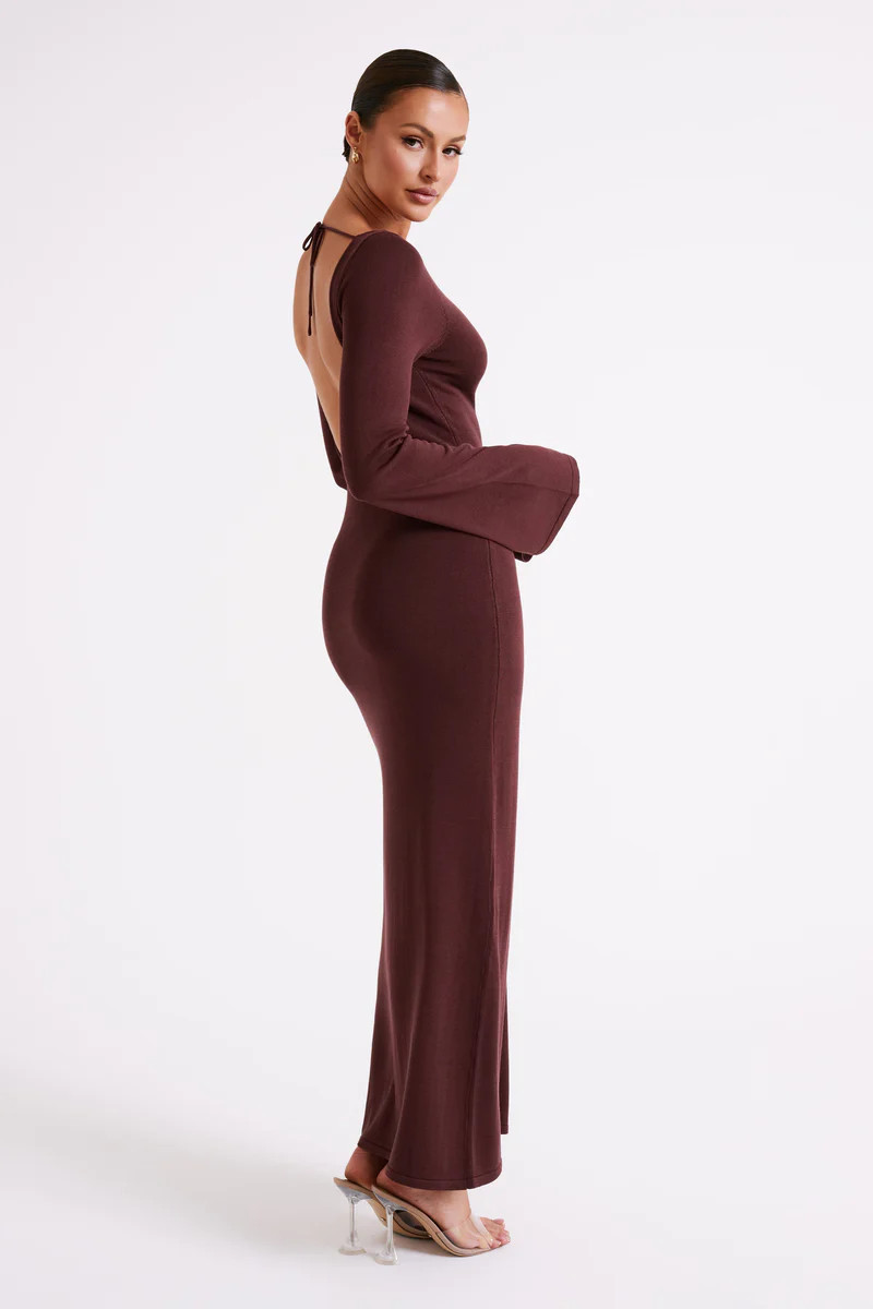 Marleigh Flare Sleeve Knit Maxi Dress - Dark Chocolate | MESHKI US