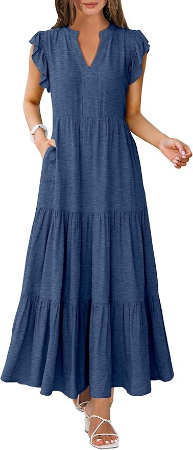 ANRABESS Womens Summer Casual Maxi Dress V Neck Ruffle Sleeve Long Dresses Fashion Flowy Tiered B... | Amazon (US)