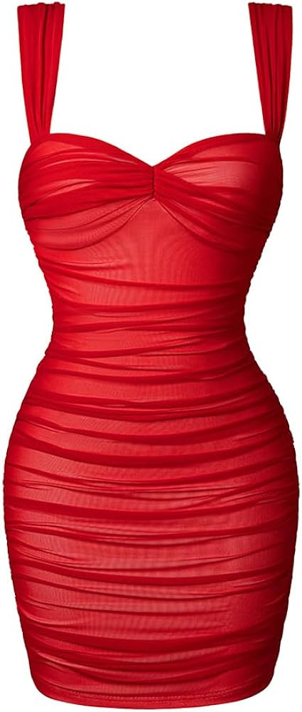 LAGSHIAN Women's Summer Sexy Bodycon Sleeveless Tank Straps Mesh Ruched Mini Party Dress | Amazon (US)