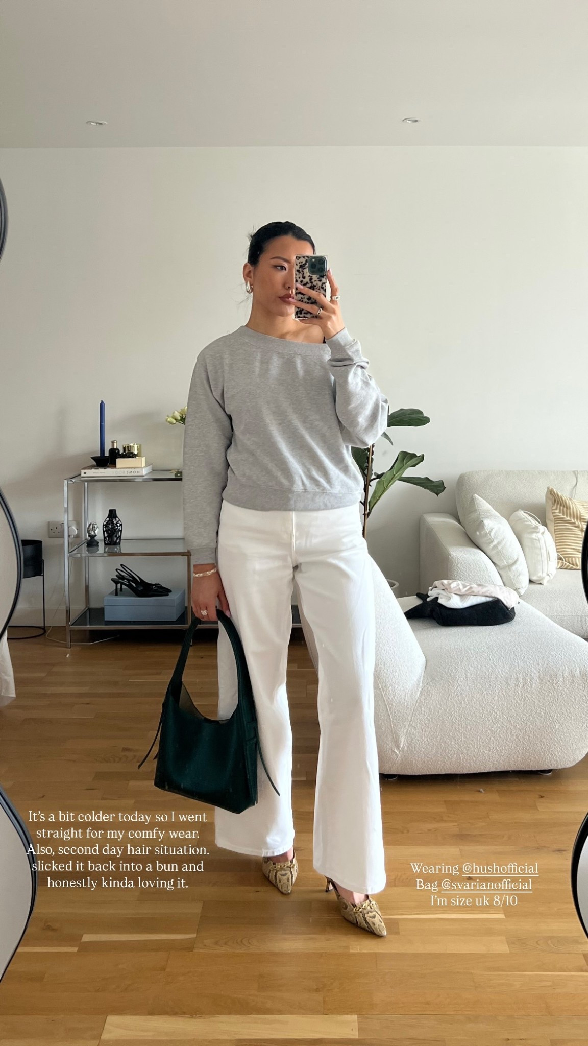 #inhush  Wearing @hushofficial 
Bag @svarianofficial 
I’m size uk 8/10 It’s a bit colder today so I went straight for my comfy wear. Also, second day hair situation… slicked it back into a bun and honestly kinda loving it.