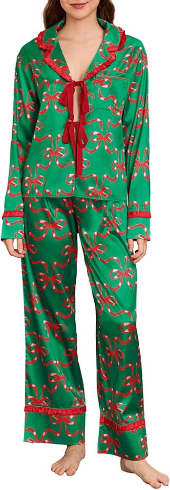 Multitrust Women Bow Two Piece Pajamas Sets Comfy Y2K Bowknot Long Sleeve Button Down Shirt Tops ... | Amazon (US)