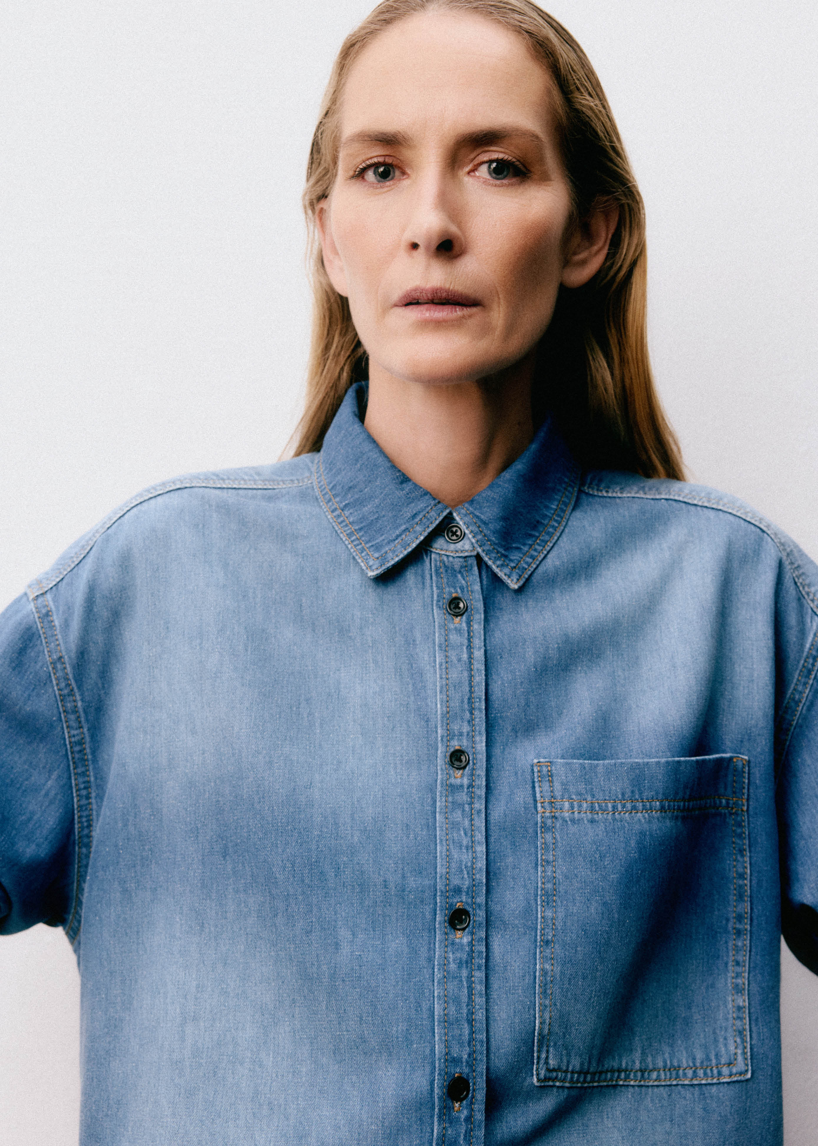 Women's Blue Lightweight Denim Crop Shirt | ME+EM | ME+EM Global (Excluding US)