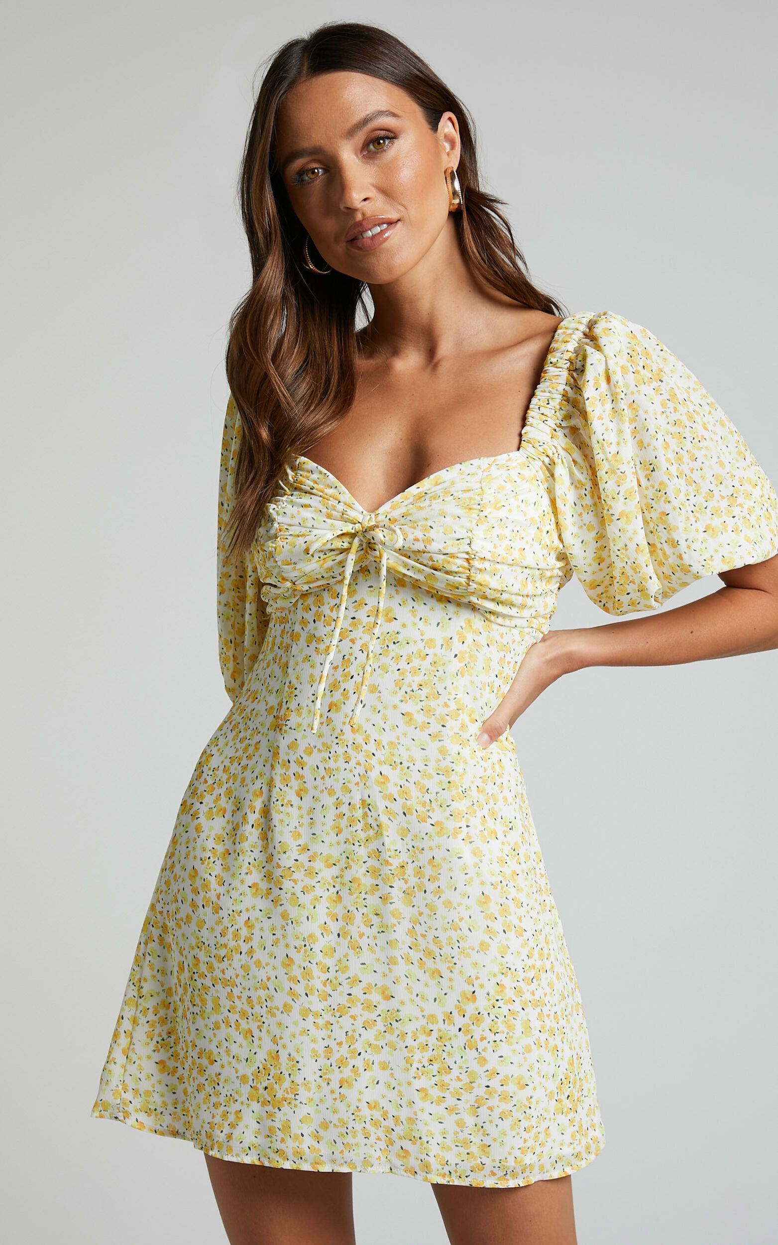 Rhenzy Mini Dress - Puff Sleeve Dress in Sunshine Ditzy | Showpo (US, UK & Europe)