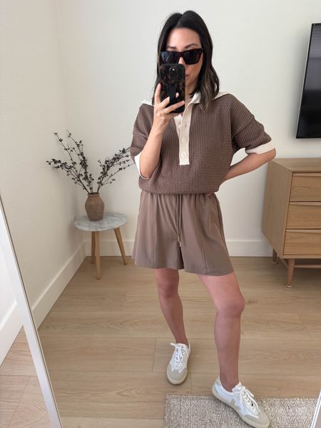 Varley short sets. Best Varley pieces for spring. Love this color!!! Shorts are a longer length that I like. Can be for leisure or workout. Everything is so comfy and runs tts. 

Varley sweater xs
Varley shorts xs
Veja sneakers 36. Roomy. 
Celine sunglasses  

#LTKfitness