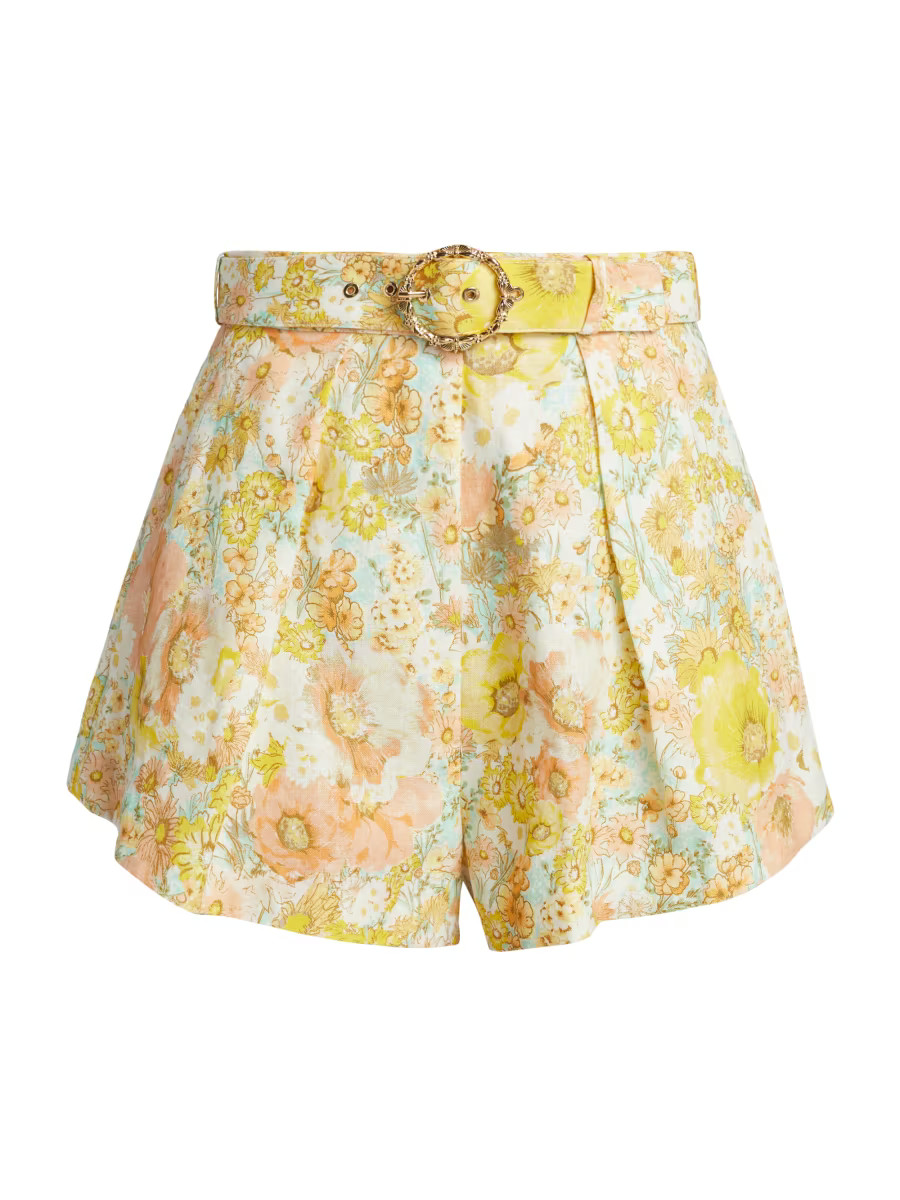 Floral Linen Belted Tuck Shorts | Saks Fifth Avenue