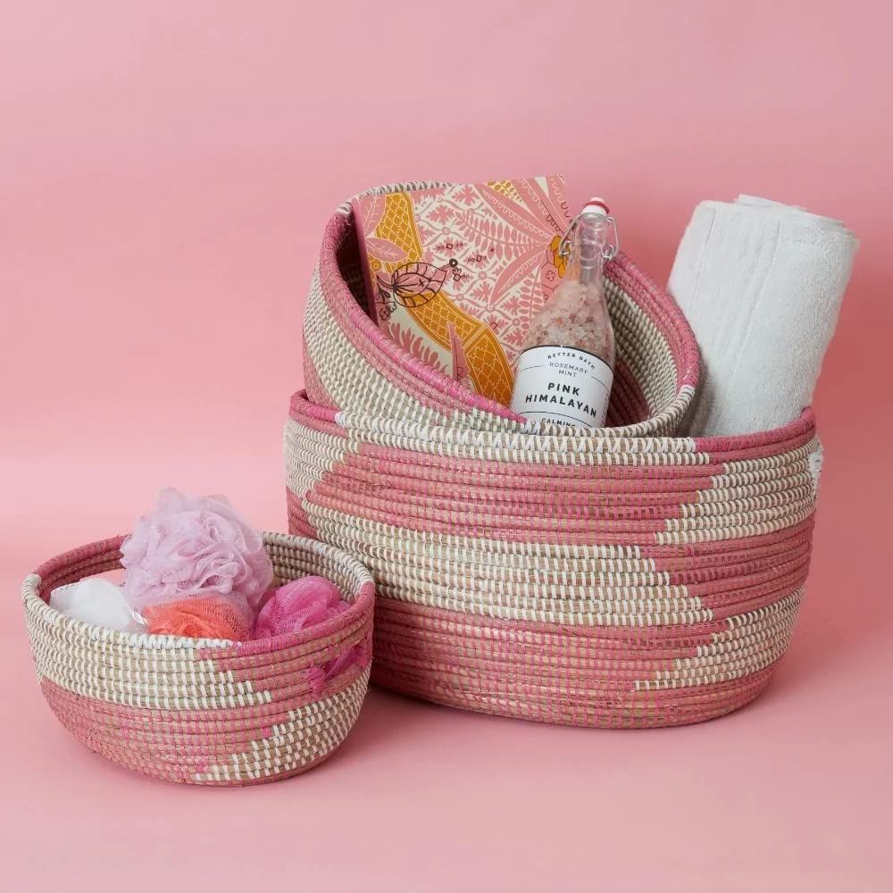 Senegal Large Hand Woven Pink Herringbone Oval Grass Basket Set of 3 | Amazon (US)