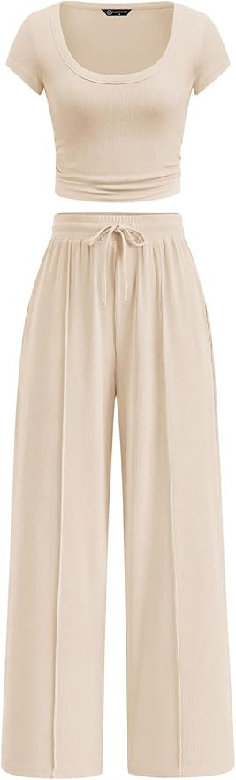 PRETTYGARDEN Women's 2 Piece Matching Lounge Sets Ribbed Short Sleeve Crop Tops Wide Leg Pants 20... | Amazon (US)