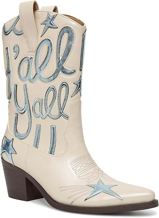 Metallic Cowboy boots for Women Mid Calf Low Heel Pointed Toe Womens Cowgirl Boots Fashion Embroi... | Amazon (US)