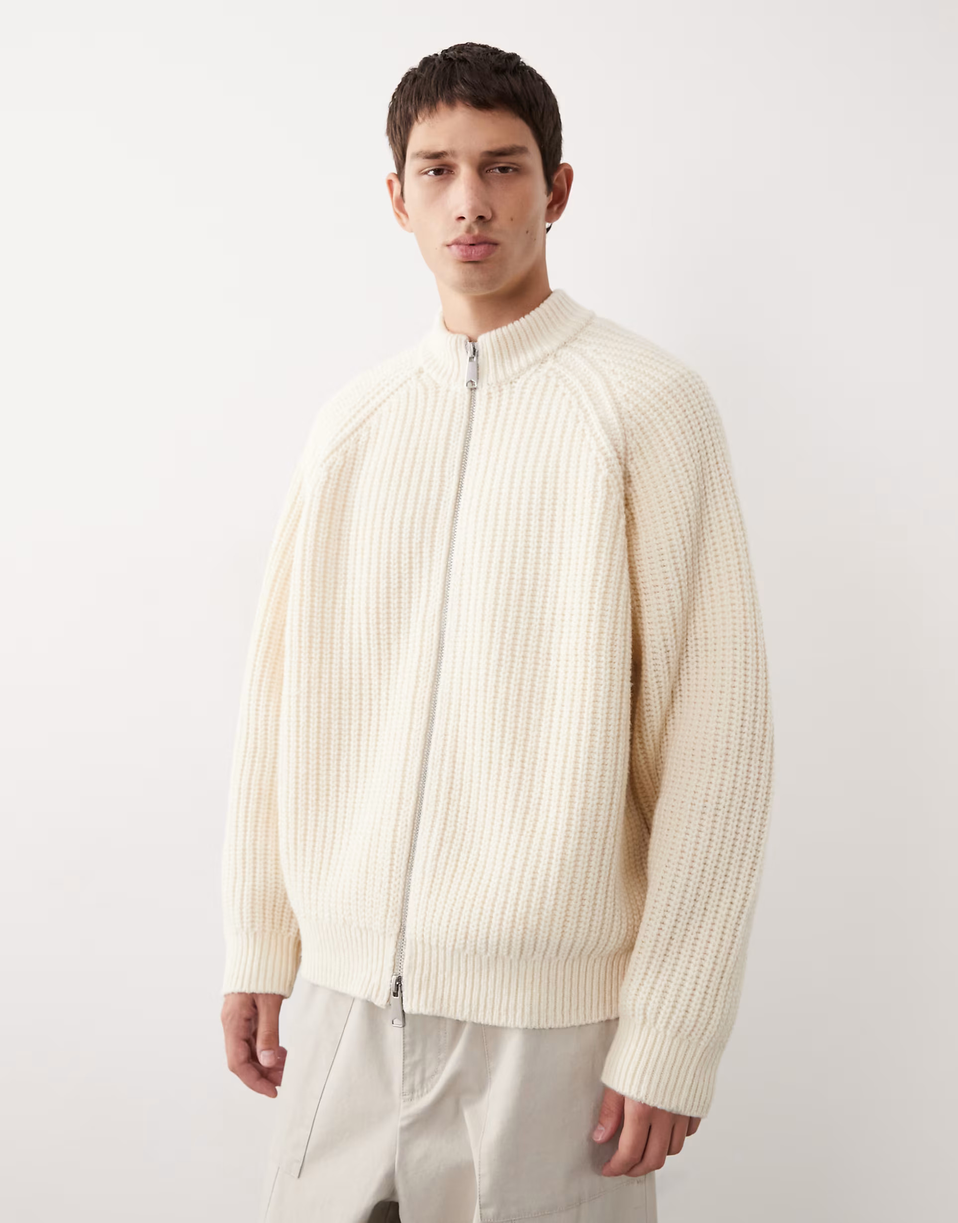 ASOS COLLECTIVE oversized knitted zip through wool rich cardigan in ecru | ASOS (Global)
