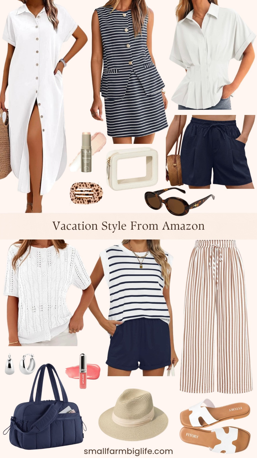 Vacation style from Amazon and I put together the most complete and effortless vacation wardrobe round up for you right now 🌴✨ A large flat round hair clip, TULA Spresso Energizing Eye Balm, a women's wide brim straw panama roll up hat, navy blue linen wide leg high waisted shorts, a white cable knit crochet short sleeve cardigan sweater, white slide sandals, a cream and clear makeup bag, Sacheu Lip Elixir nourishing lip gloss, small retro oval polarized sunglasses, a navy blue travel duffle bag, a white pleated button down blouse, sterling silver chunky hoop earrings, a white and navy striped cap sleeve top and navy shorts two piece lounge set, tan and white striped elastic waist wide leg pants, a white button down long shirt dress that doubles as a swimsuit cover up with pockets, and a navy and white striped sleeveless button down vest and skort matching set. Every single piece in this round up works together beautifully for the most stylish and effortless vacation wardrobe and everything is from Amazon at such amazing prices. Everything is linked! 🛒🌴 

 #LTKootd #LTKOver40 #LTKTravel