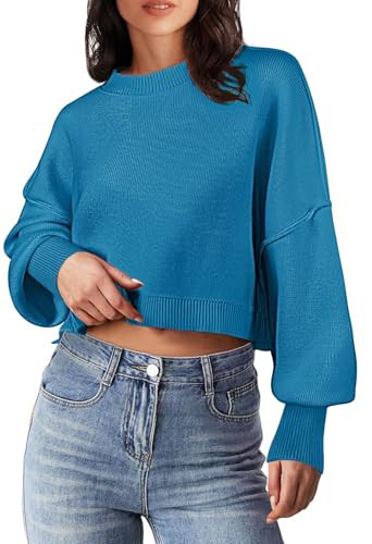 MEROKEETY Womens Crew Neck Ribbed Knit Crop Tops Long Sleeve FallPullover Cropped Sweater Blue X-Large | Amazon (US)