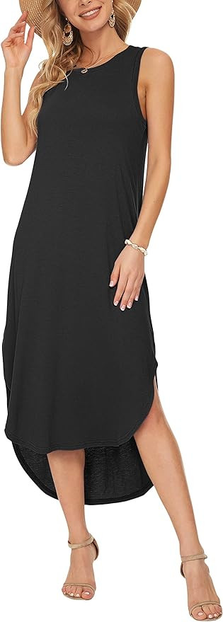 AUSELILY Women's Casual Crewneck Sleeveless High Low Flowy Side Split Midi Dress | Amazon (US)
