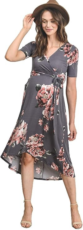 Women's Maternity Wrap Dress Midi Length with Waist Belt | Amazon (US)