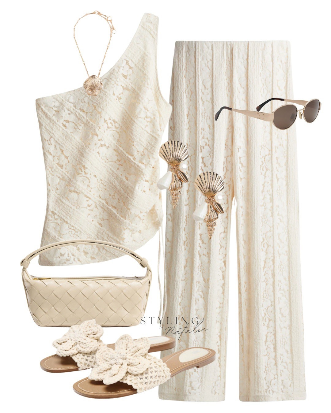 Lace co-ord set- One shoulder top and matching pull on trousers, sea shell jewellery, crochet slides and Bottega bag with Celine sunglasses. Summer trends, boho chic outfit, holiday outfit, vacation outfit, beach chic, festival, summer outfit, high street, H&M 

#LTKsummer #LTKuk #LTKfestival