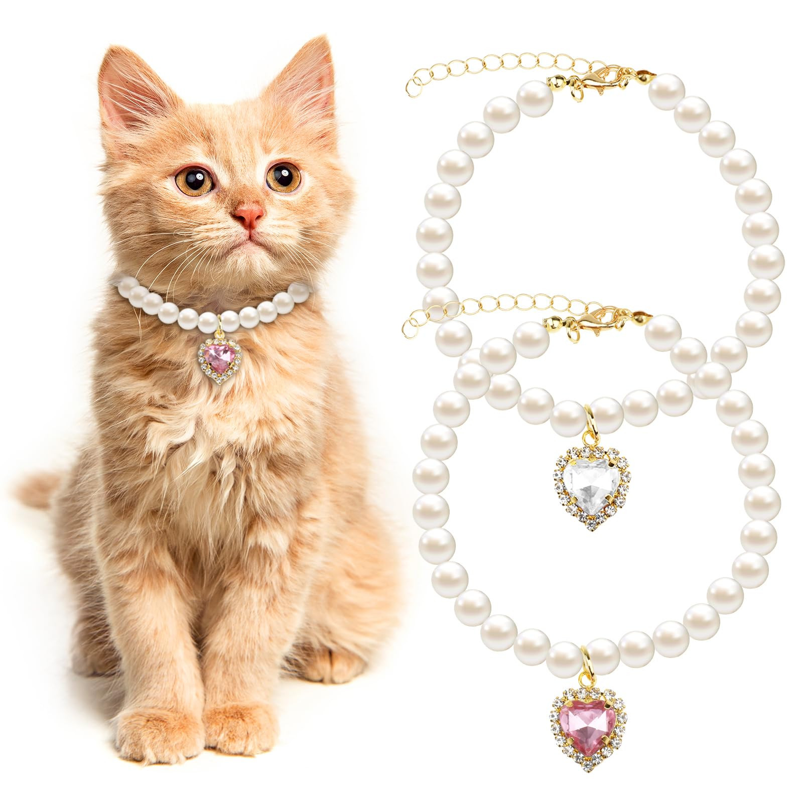 Tyqour 2pcs Cute Girl Cat Collar, Pearl Cat Dog Collar with Small Heart Shape Rhinestone for Smal... | Amazon (US)