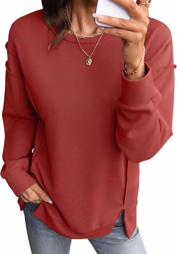SHEWIN Womens Sweatshirt Waffle Knit Tops Fall Long Sleeve Shirts Loose Fit | Amazon (US)