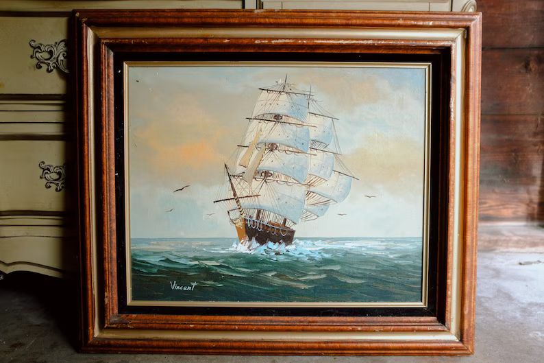Vintage Nautical Ship Original Painting Framed - Etsy | Etsy (US)