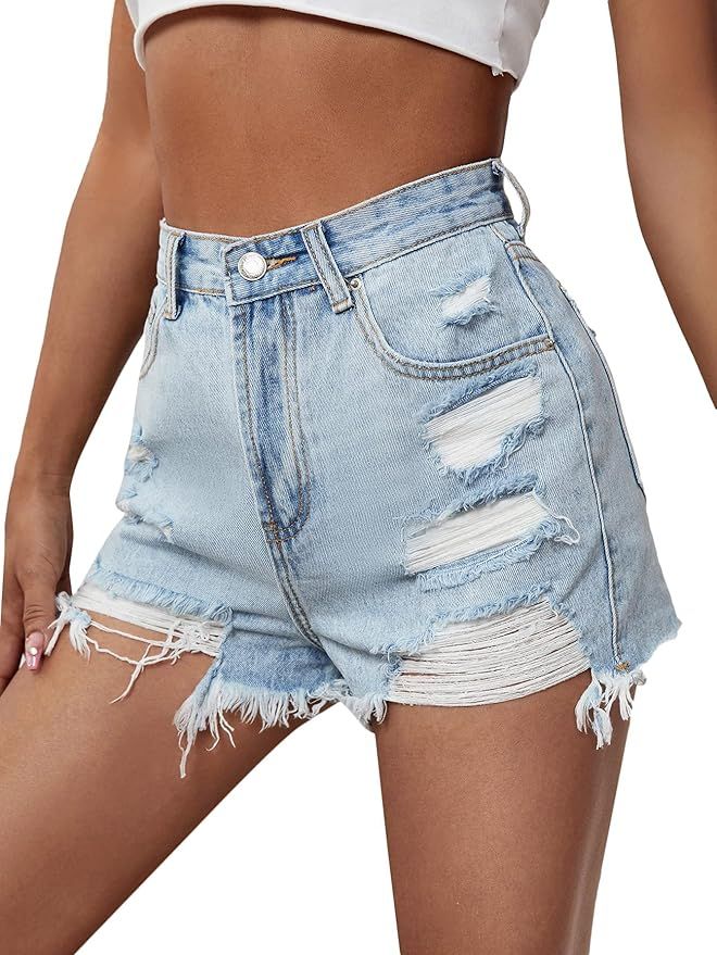 Floerns Women's Ripped Raw Hem High Waisted Distressed Denim Shorts | Amazon (US)