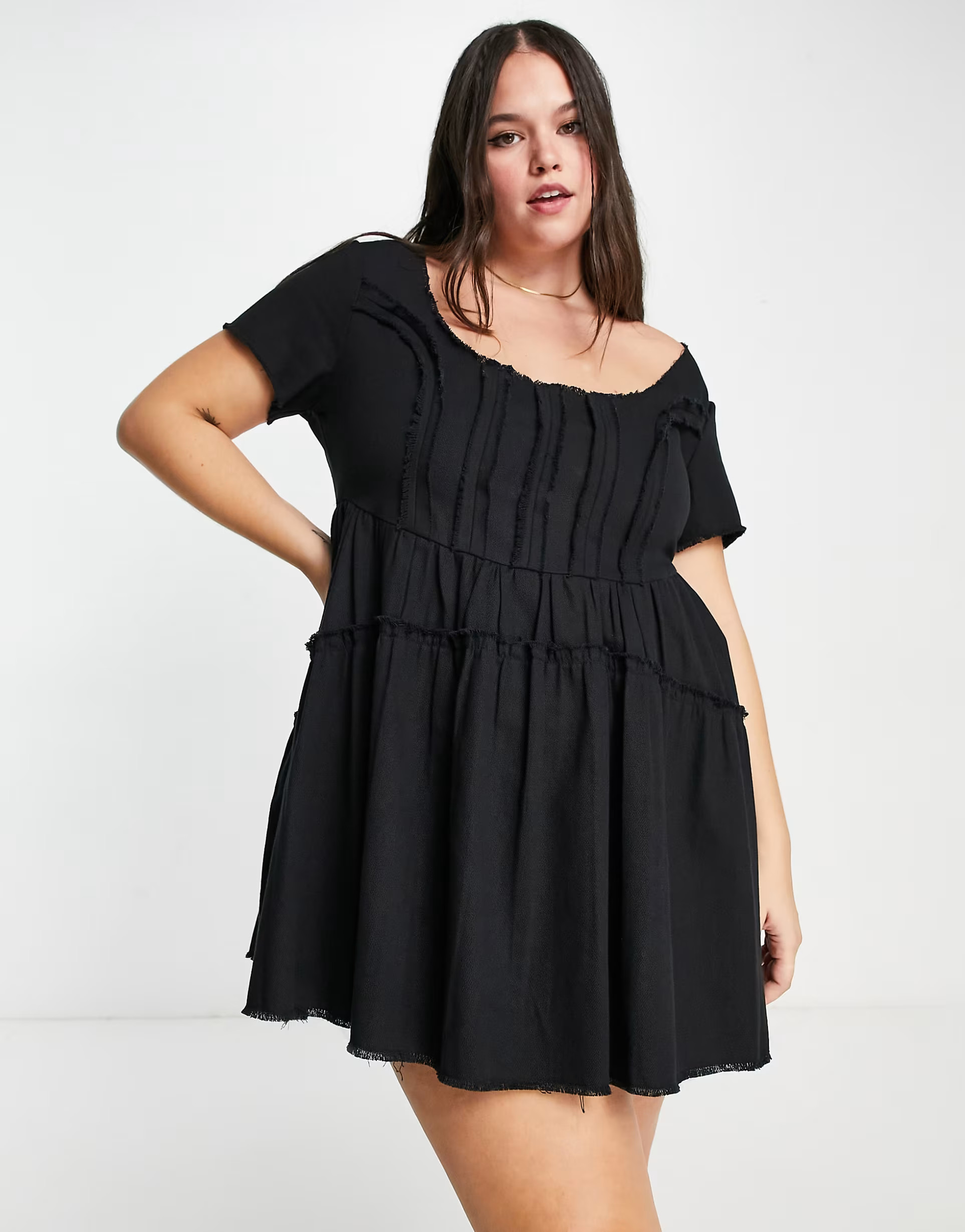 ASOS DESIGN Curve twill square neck mini corset dress with raw edge detail in black | ASOS (Global)
