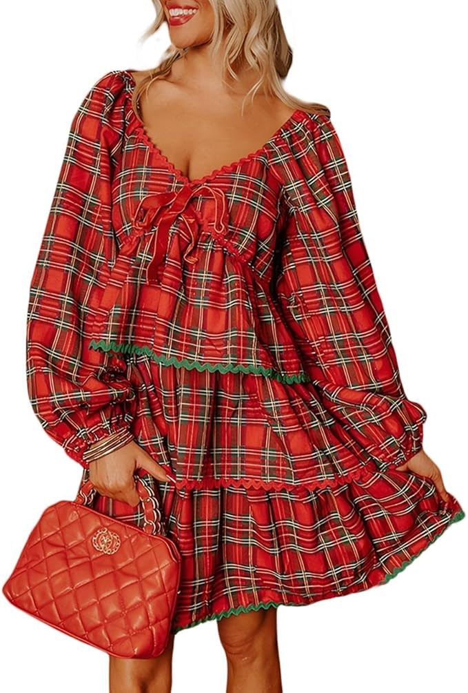 Apvirdy Women's Red Plaid Dress Long Puff Sleeve V Neck Dress Loose Fit Ricrac Trim High Waist Ti... | Amazon (US)