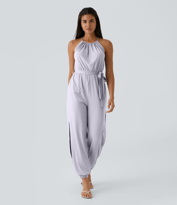 Women’s Sleeveless Tie Back Belted Pocket Cut Out Cool Touch Jumpsuit-UPF50+ - Halara | HALARA