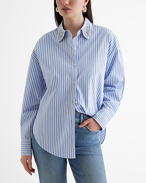 Poplin Embellished Collar Striped Boyfriend Portofino Shirt | Express