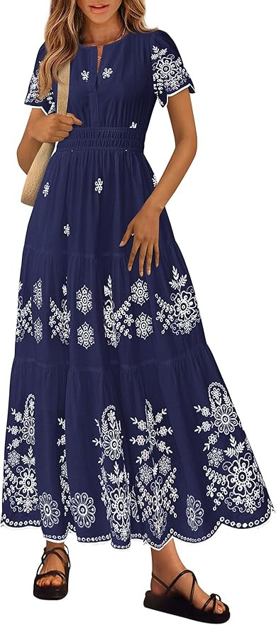 PRETTYGARDEN Summer Dresses for Women 2026 Floral Boho Maxi Spring Casual Short Sleeve V Neck Ela... | Amazon (US)