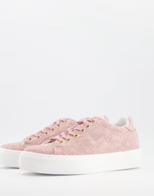 ASOS DESIGN Drover chunky flatform lace up sneakers in pink lace | ASOS | ASOS (Global)