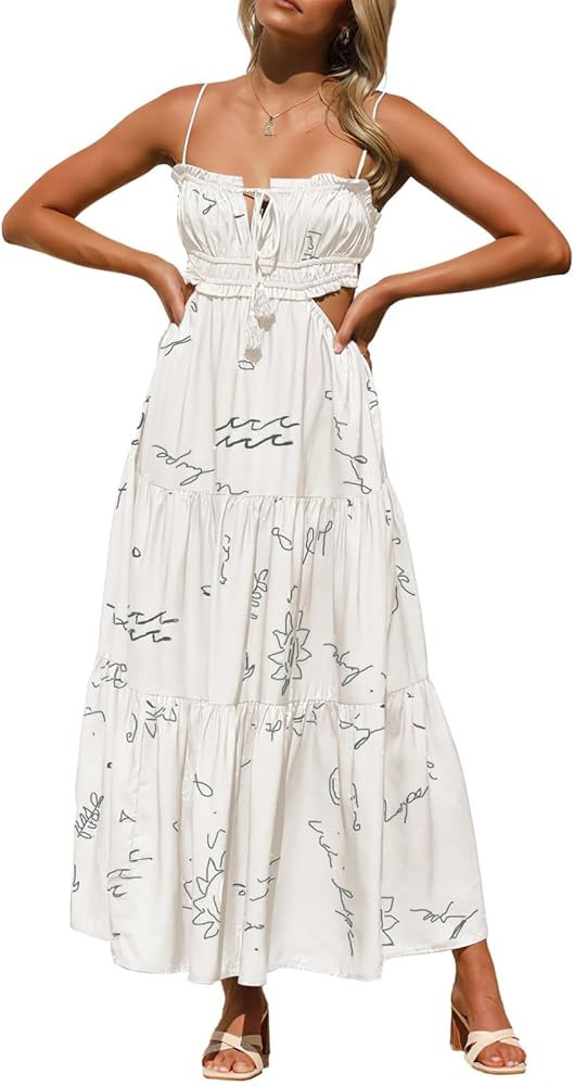 ebossy Women's Cut Out Ruffled Long Boho Dress Sexy Spaghetti Straps Open Back Flowy Sundress | Amazon (US)