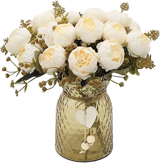 Fake Flowers with Vase,21 White Silk Peonies Faux Flower with Vase,Elegant Artificial Flower Arra... | Amazon (US)
