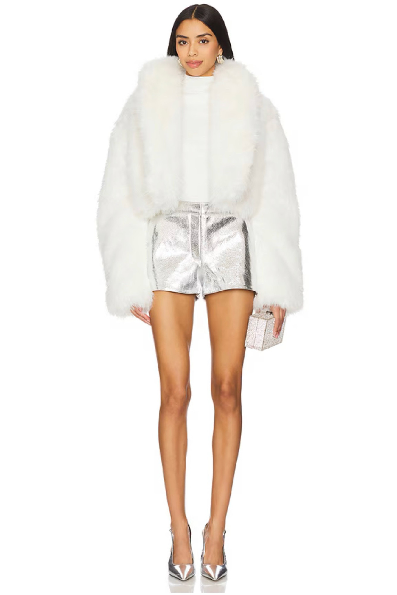 The perfect NYE look - faux fur white jacket, silver shiny shots and silver pointed mules / Black Friday sale / holiday 

#LTKGiftGuide #LTKSeasonal #LTKHoliday