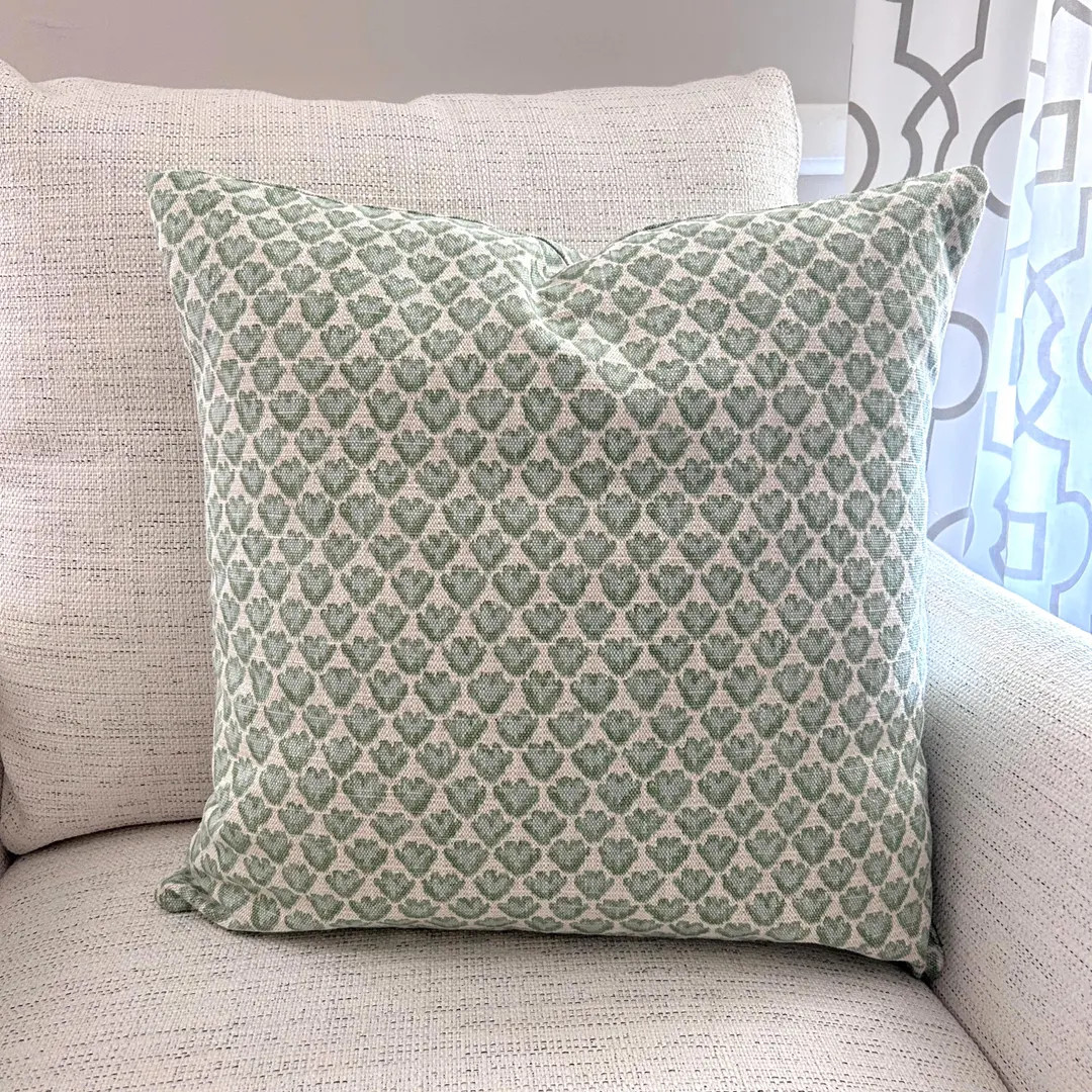 Green Pillow Covers Sage Natural Throw Pillow Block Print Style Linen Blend Textured Spa Blue Eur... | Etsy (US)