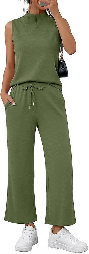Casly Lamiit Womens 2 Piece Sets Sleeveless Mock Neck Summer Lounge Sets Wide Leg Crop Pants 2026... | Amazon (US)