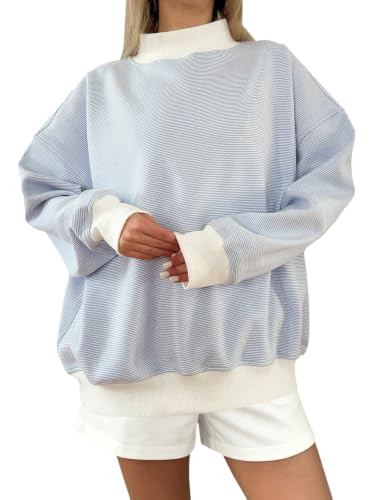 TERIVEEK Women Mock Neck Sweatshirt Oversized Mockneck Striped Long Sleeve Pullover 2026 Fall Spr... | Amazon (US)