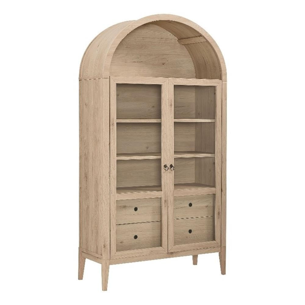 Pemberly Row Modern Wood Storage Display Cabinet, Light Oak, Arched Top Shelf, Tempered Glass Doors, Adjustable Shelves, Full-Glide Drawers, Tapered Legs, Living Room or Dining Room Storage | Amazon (US)