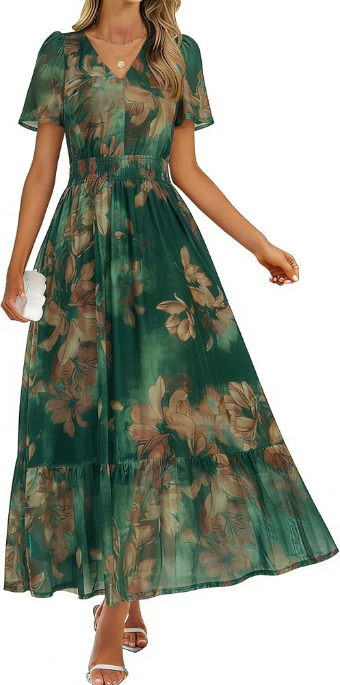 Simplee Womens Summer Floral Maxi Dress Boho Wedding Guest Long Dress Short Sleeve V Neck Vacatio... | Amazon (US)