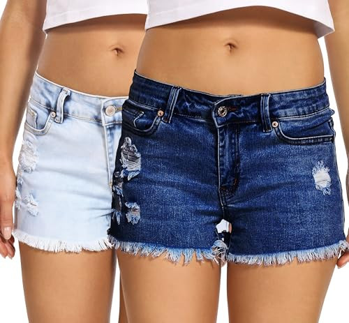 Foucome Women's Jean Shorts Low Rise Denim Shorts Trendy Distressed Cut Off Shorts (51# Indigo Blue/White Blue, XXL) | Amazon (US)