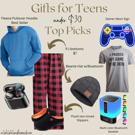 Gift guide for teen boys under $30! bluetooth speaker | headphones | t-shirt | gamer neon sign | slippers | beanie hat | christmas gift | holiday gift 

#LTKfindsunder50 #LTKHoliday #LTKGiftGuide