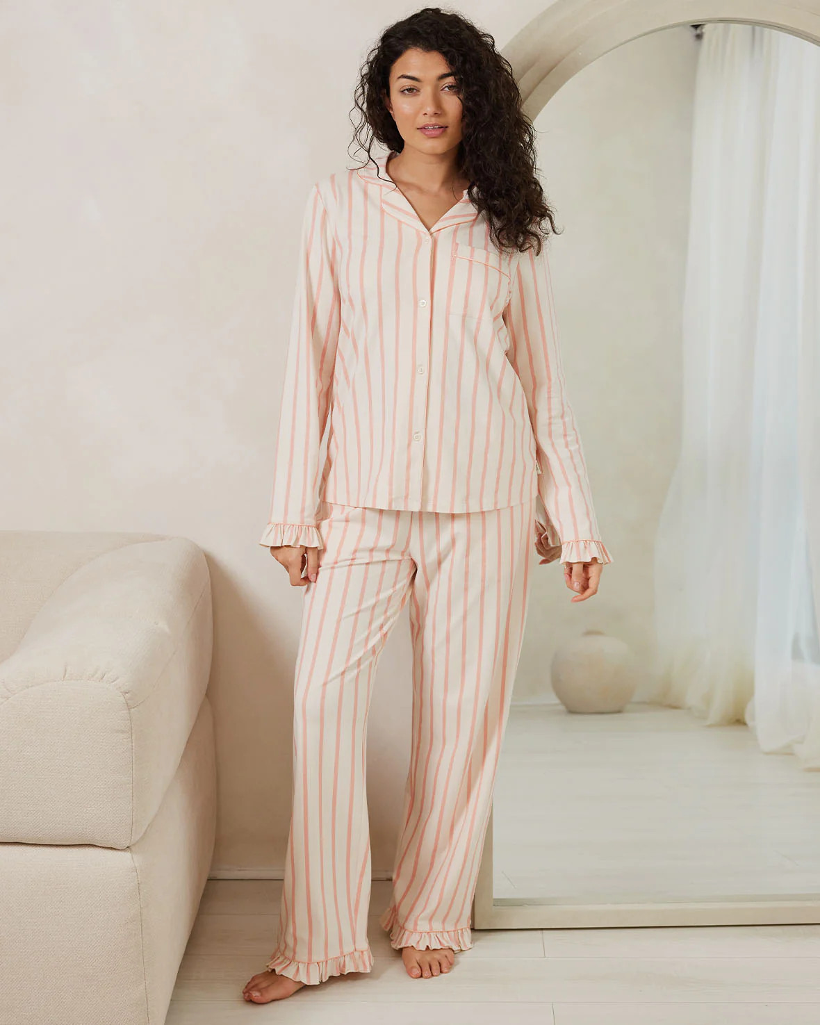 Organic Cotton Pink Stripe Frill Long Pyjama Set | Chelsea Peers NYC