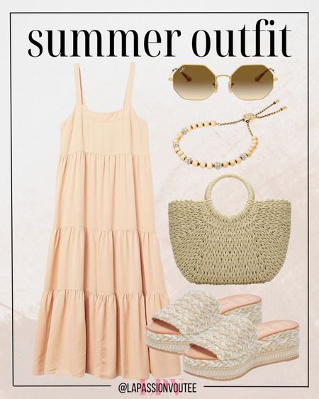 Step into summer elegance with a tiered maxi dress that flows with every breeze. Enhance your look with sleek sunglasses and a touch of glamour with a gold-tone bracelet. Carry your essentials in style with a straw tote bag and finish off with comfy slide sandals for effortless chic vibes.

#LTKstyletip #LTKSeasonal #LTKfindsunder100