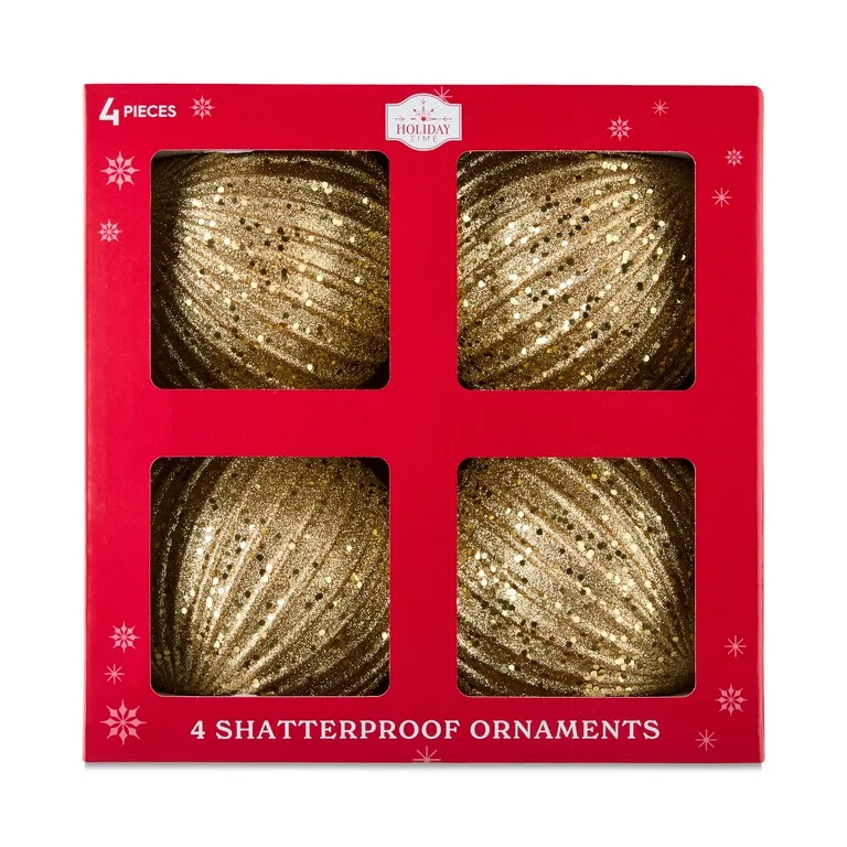 4-Count Gold Glitter Shatterproof Textured Christmas Ornaments, 5.9 in, by Holiday Time | Walmart (US)